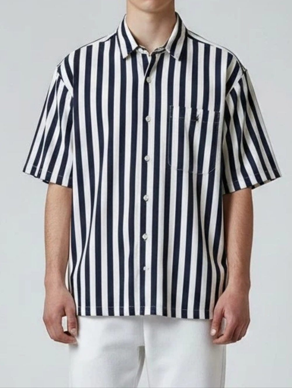 Nautica Navy & White Vertical Stripe Short Sleeve Button-Down Shirt
